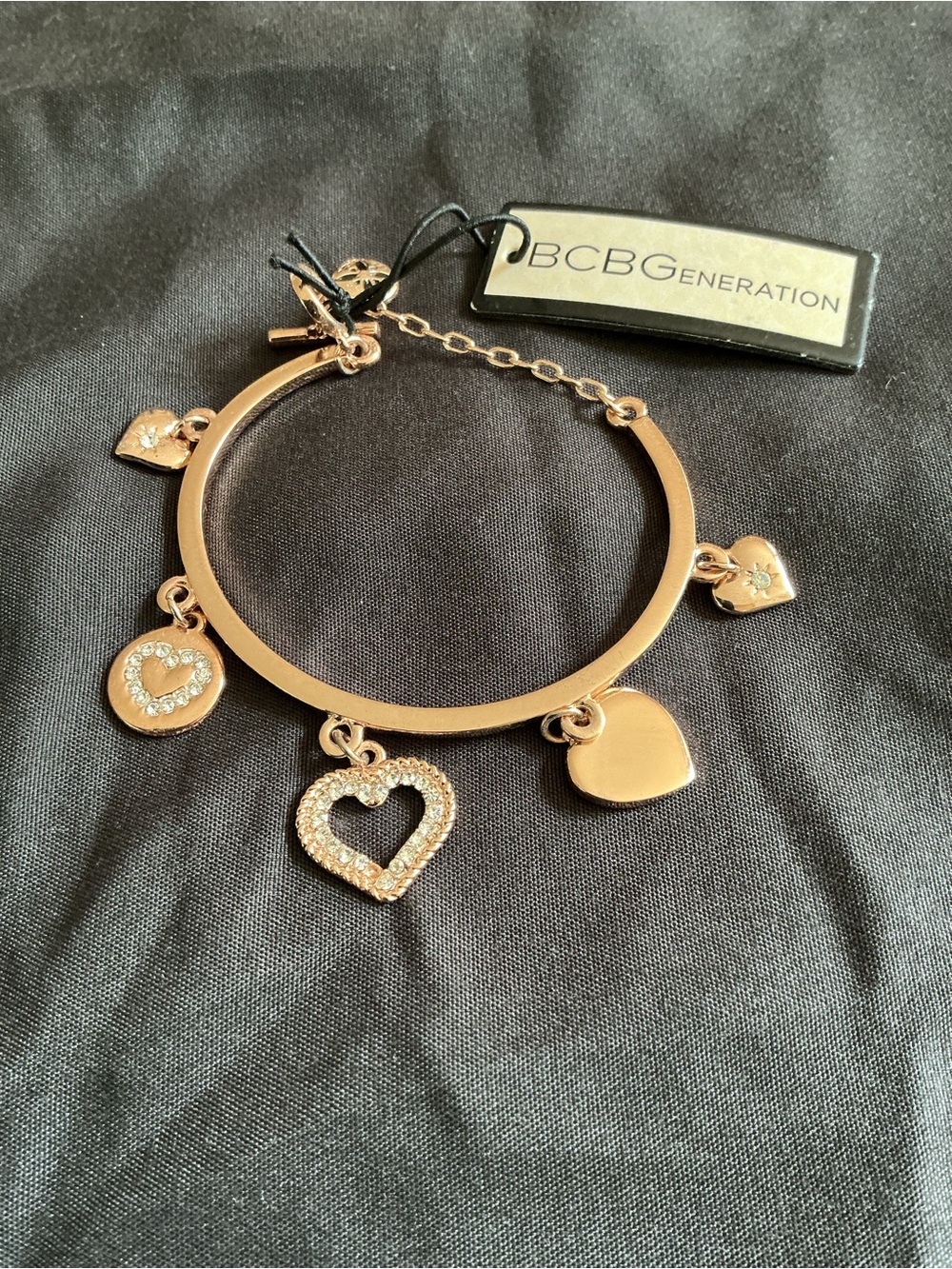 BCBGeneration Rose Gold Heart Charm Bangle with Pavé Accent